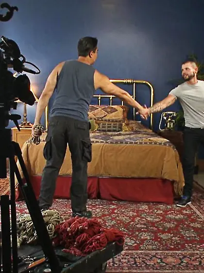 Hogtied bearded gay gagged