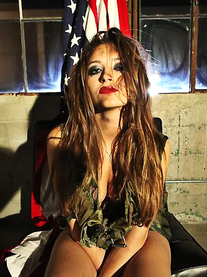 Babe with bright lipstick fiercely rubbing her cunt on high prof