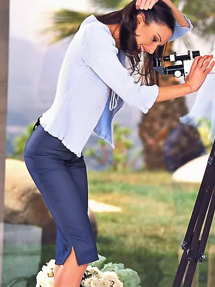 Cute brunette model Taylor Rain strips her white thongs and fing