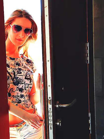 Denim shorts and hairy pussy brunette stunner seductively posing