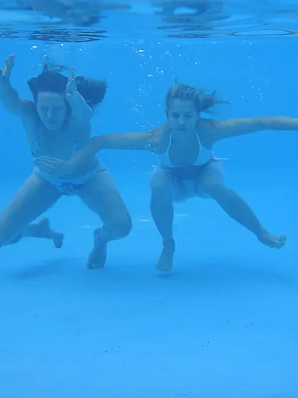 Iveta Vale and Yana B take their bikinis in the pool and have am