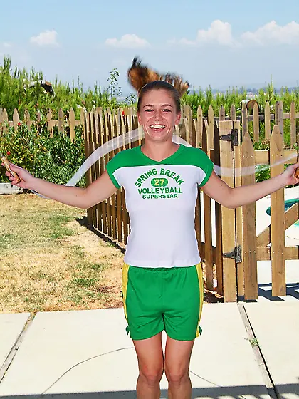 Sporty kitty Daisy Mae strips out of her uniform and panties in