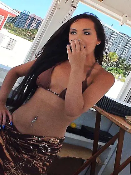 Sexy brunette girl in bikini Brazil Diaz does a blowjob on long