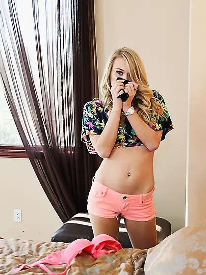 Topless blonde was waiting for the lover on the bed ready to be