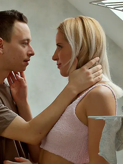 Amy Douxxx sits her shaved pussy down on lover's cock