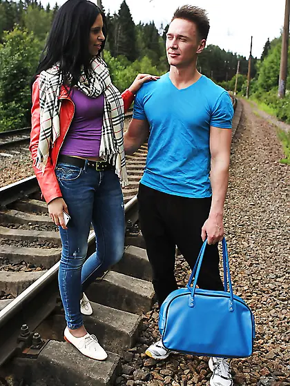 Brunette Kira Queen sucks a big cock outdoors