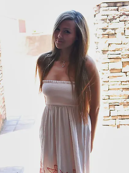 Busty blonde Craving Carmen takes off her white dress and passio