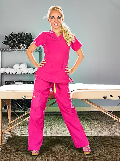 Blonde massage therapist getting naked before her client is comi