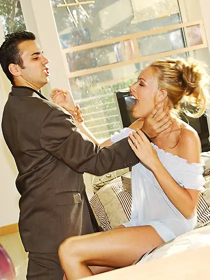 Hot blonde babe Nicole Sheridan strips and then gets nailed by h