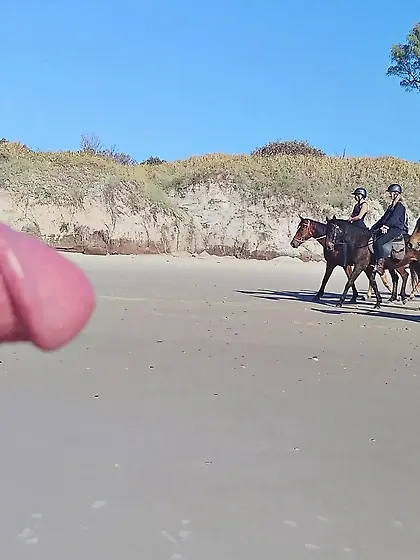 Public erection beach flasher CFNM for horseriders