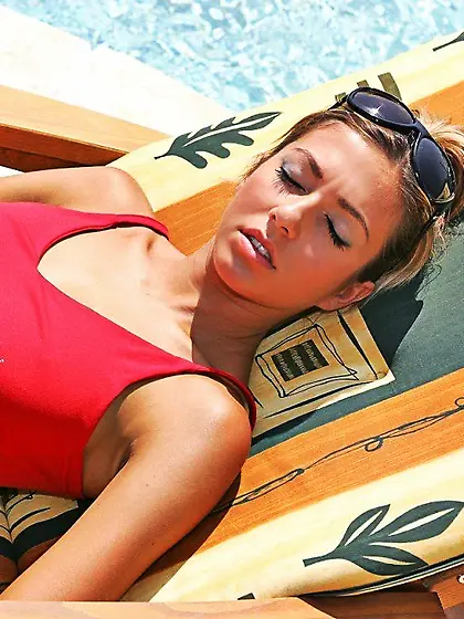 Brigitte Hunter in red t-shirt plays by the pool and then fucks