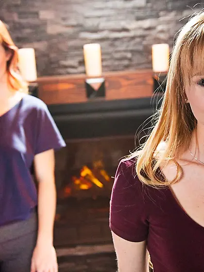 Blonde lesbian yoga pants