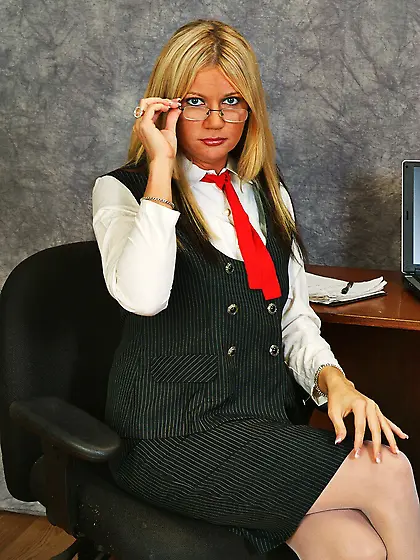 Busty blonde lady Christina Skye in white stockings strips out o