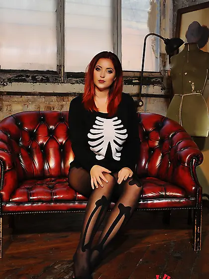 Redhead girl Lucy Vixen is wearing sexy lace pantyhose and no br