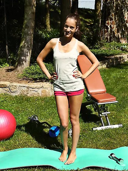 Skinny Lola Myluv watches an outdoor striptease with Silvie Luca