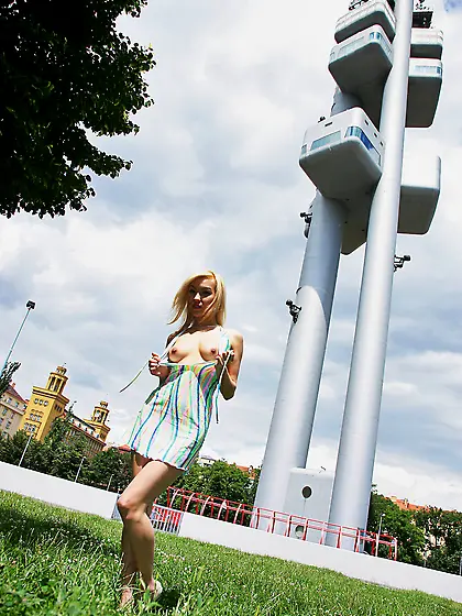 Dress-wearing blonde flashing her breasts and pussy almost in pu