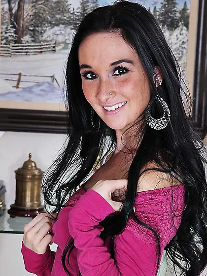 Big titted brunette Lucy Sweet with shaved pussy pulls off her b