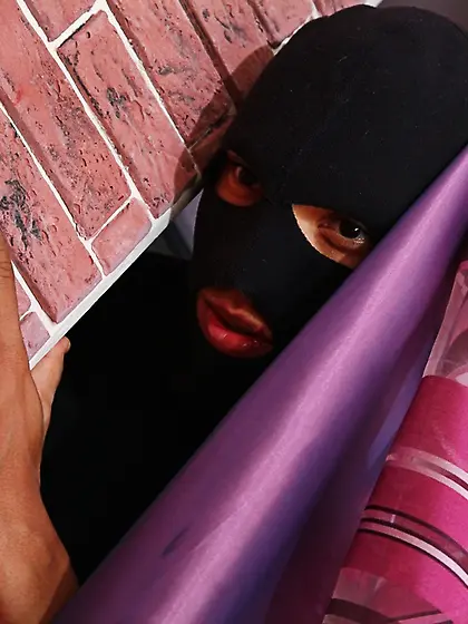 Masked fuckers are going to double team this brunette babe