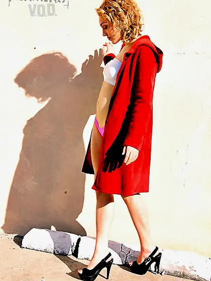 Leggy teen Lily Labeau in red coat flashes her juicy tits and pu