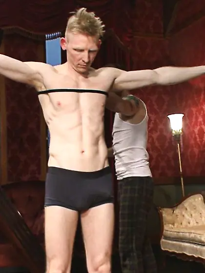 Gagged hogtied fair-haired dude