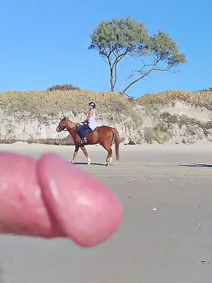 Public erection beach flasher CFNM for horseriders