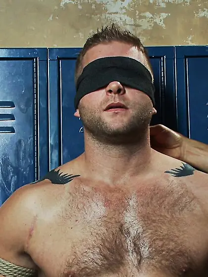 Tattooed hunk gag-ball blindfold