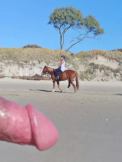 Public erection beach flasher CFNM for horseriders