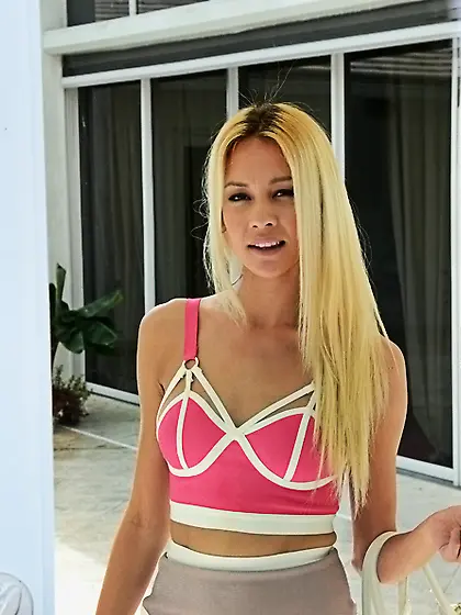 Married blonde of Latin origin shows neighbor tits but he should