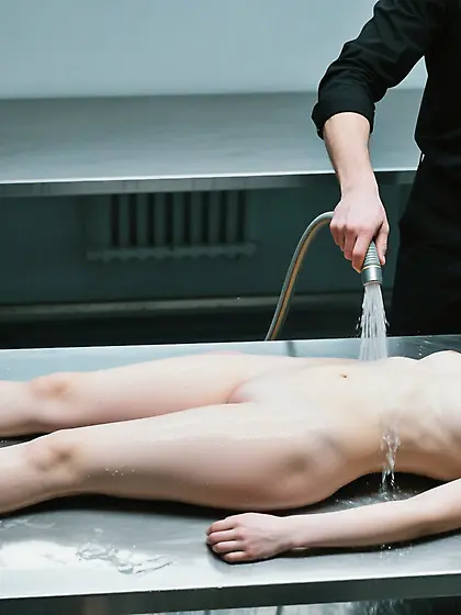 Polina's body being washed