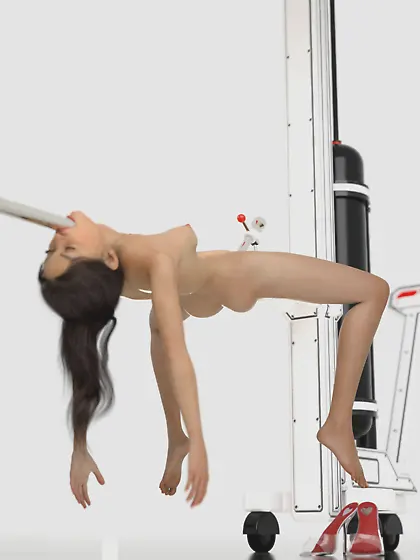 Meatgirl impaled in a lifter,  ready for transport