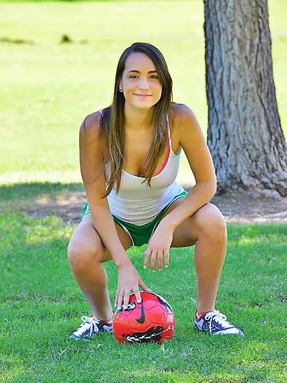 Frisky long haired doll Mary Jane is sliding long stick into her