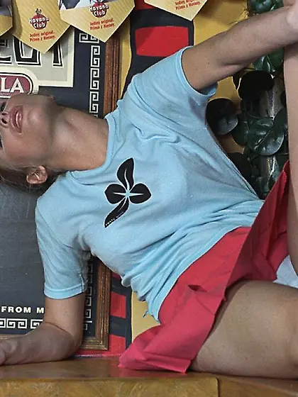 Kinky teen looking girl Sharon Babe is sticking two fingers deep