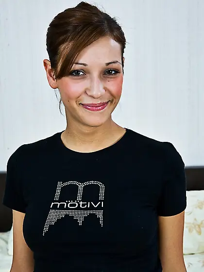 Pretty gal shows her natural breasts before having her throat fu