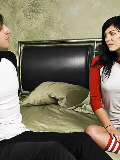 Cum hungry black haired hottie Andy San Dimas rides on top of ro