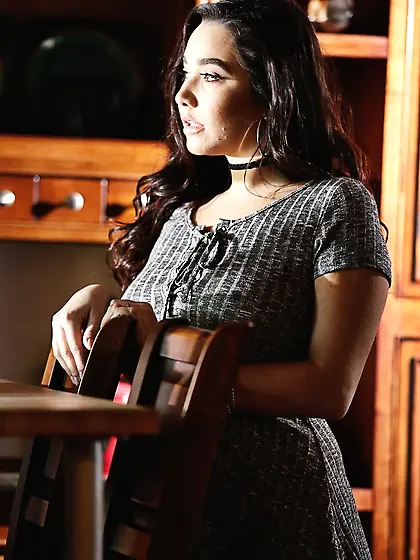 Young brunette with natural breasts sneakily masturbates using t