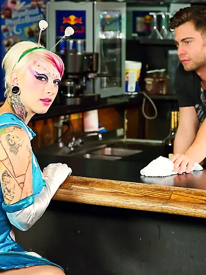 Blonde emo chick begs