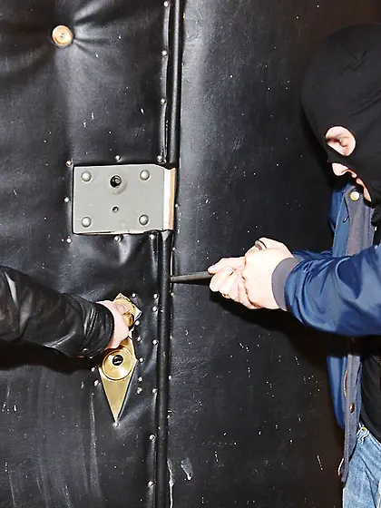 Robber grabs her head,  fo**s her to take it all & his mate helps