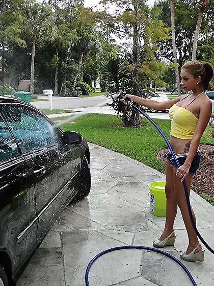 Jamie Valentine takes her bikini off while she washes a car and