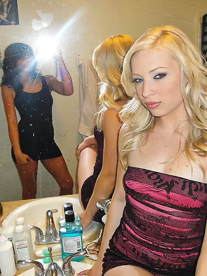 Blonde teen slut sharing a cock with her...