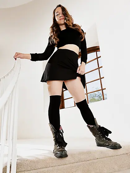 Petite brunette black boots