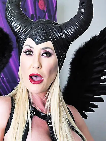Busty blondie cosplaying maleficent