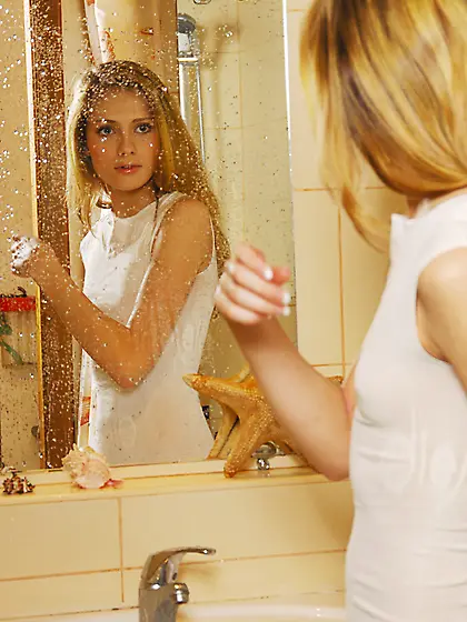 Katya Ab takes her sexy white dress in the bathroom and shows he