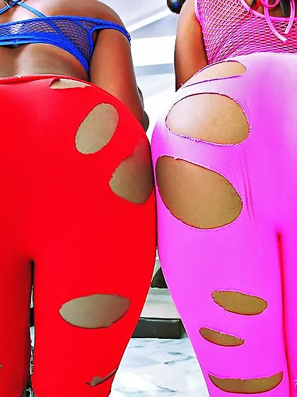 Two ebony beauties in ripped tights get fucked by a meaty cock