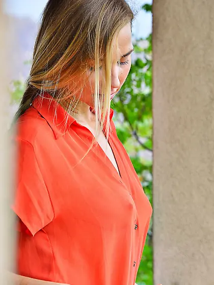 Elegant and busty teen blonde by the name Courtney Dillon plays