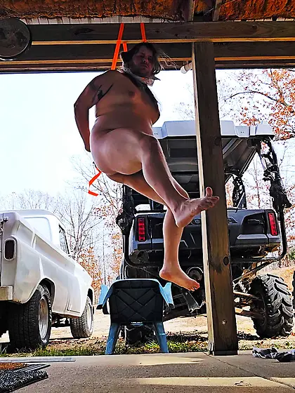 Chubby naked male hangs himself short drop suicide