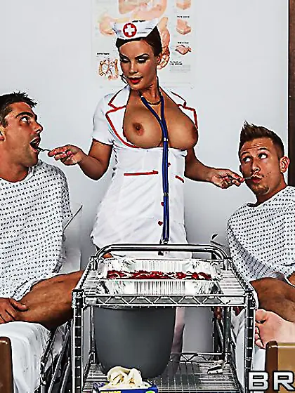 Busty nurse Diamond Foxxx has the cure for these guys during gro