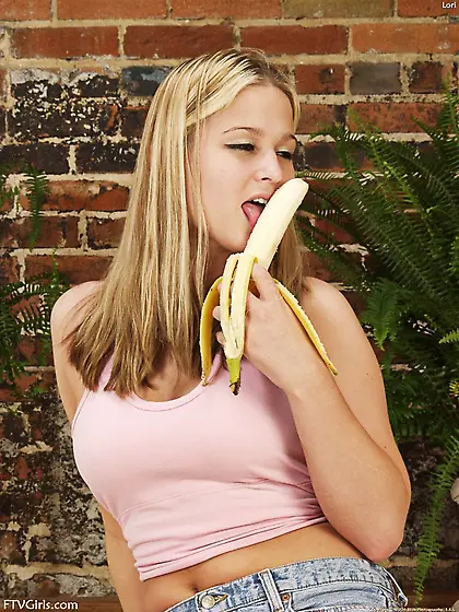 Blonde in white sneakers is going to fuck a banana eventually