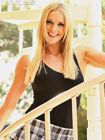 Beautiful blond babe,  Hannah Harper pulls up her miniskirt and s