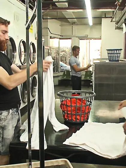 Blindfolded roped guy ass