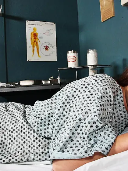 Sleeping patient Haley Sweet gets her bald pussy examined and fu